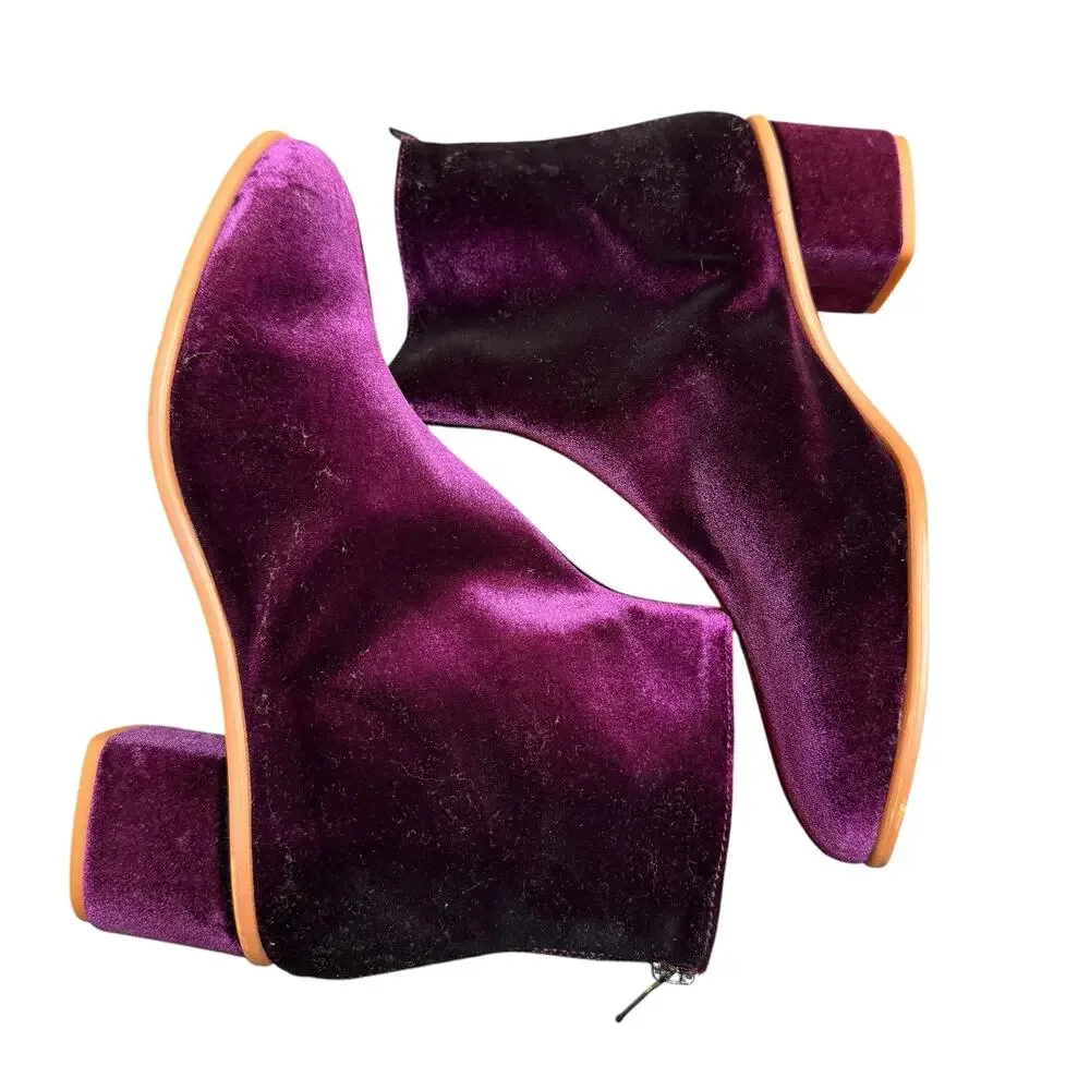 By Anthropologie Velvet Ankle Boots 38 7 Purple Plum Block Heel Booties Shoes